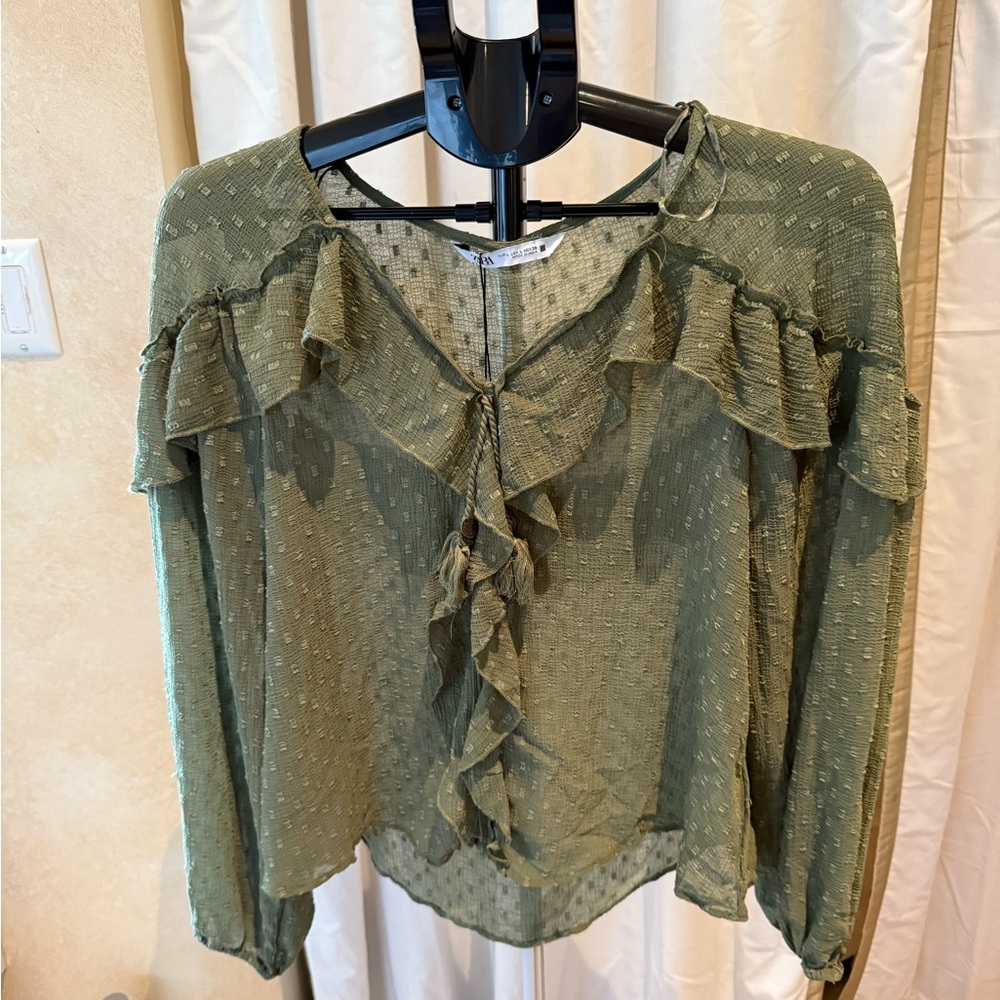 Zara Sage Green Ruffle Blouse